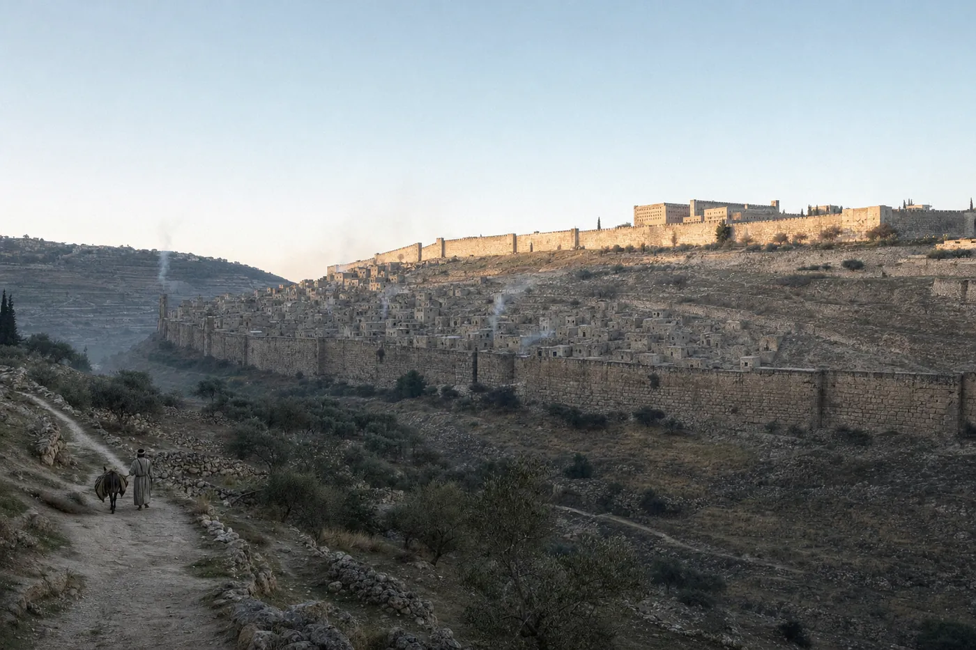 Jerusalem in the first light of morning, seen from the Mount of Olives across the Kidron Valley