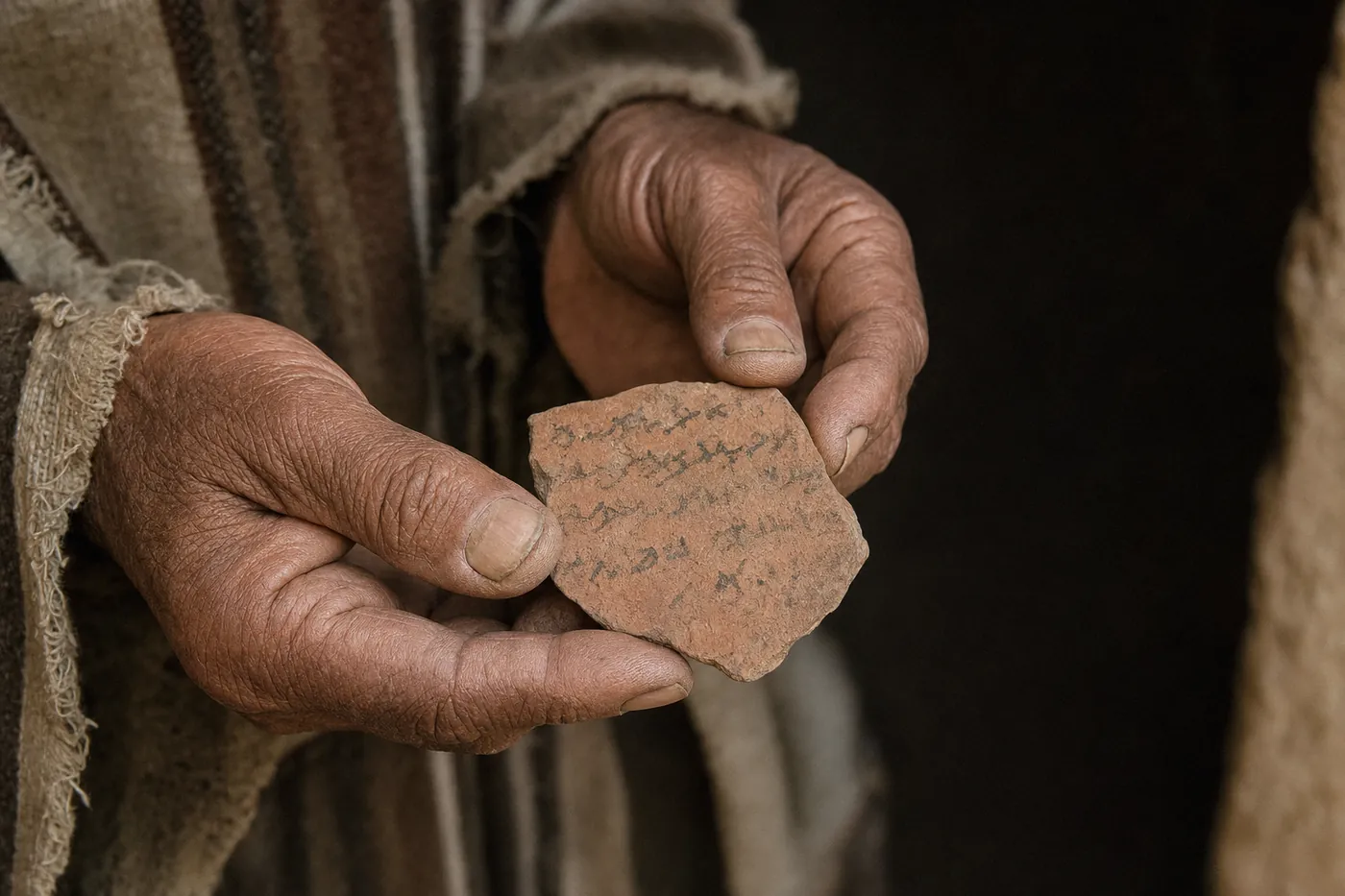 Old hands holding a potsherd with faded ink writing