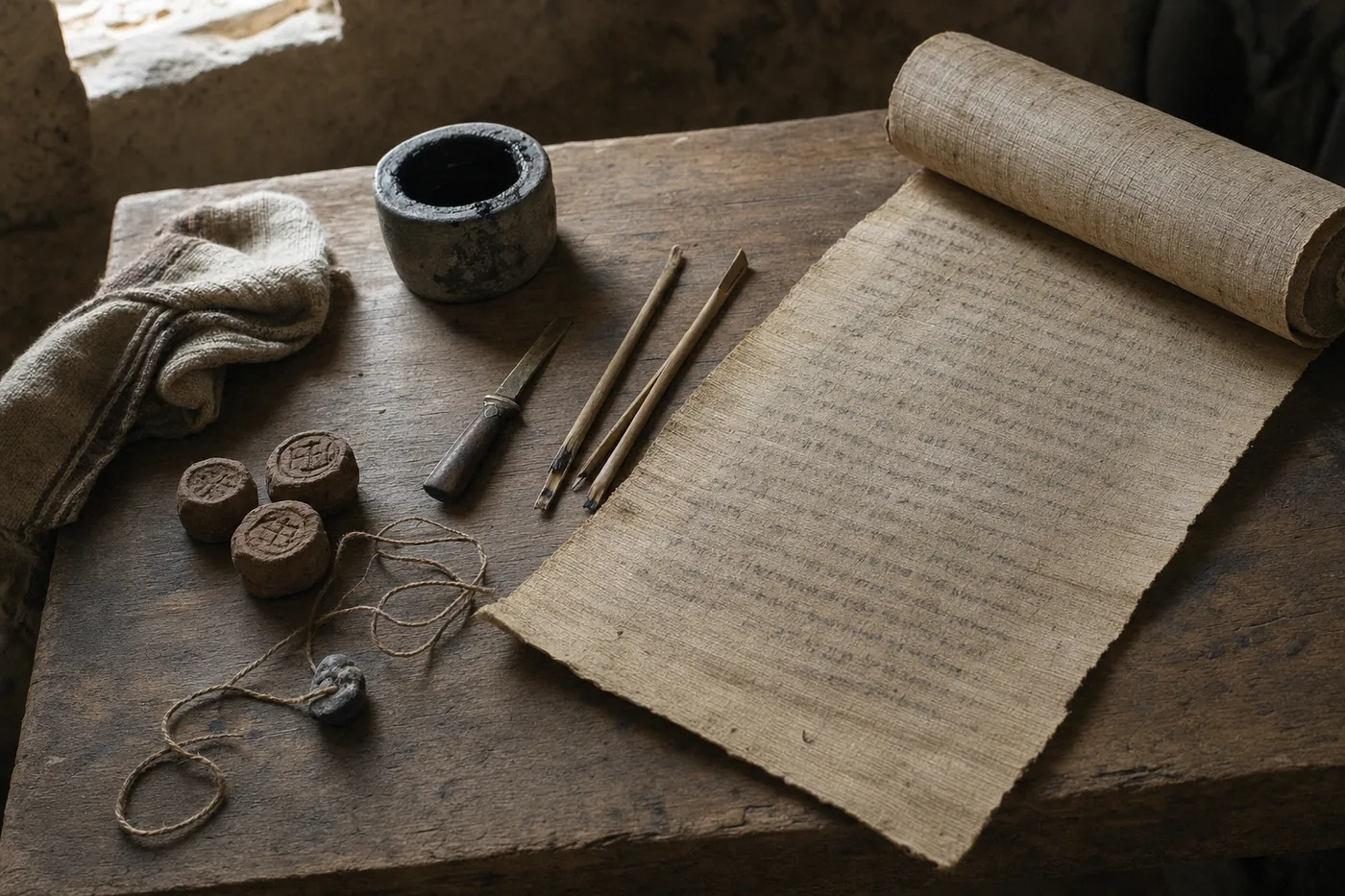 A scribe’s table: papyrus scroll, inkwell, reed pens and small sealed lumps of clay